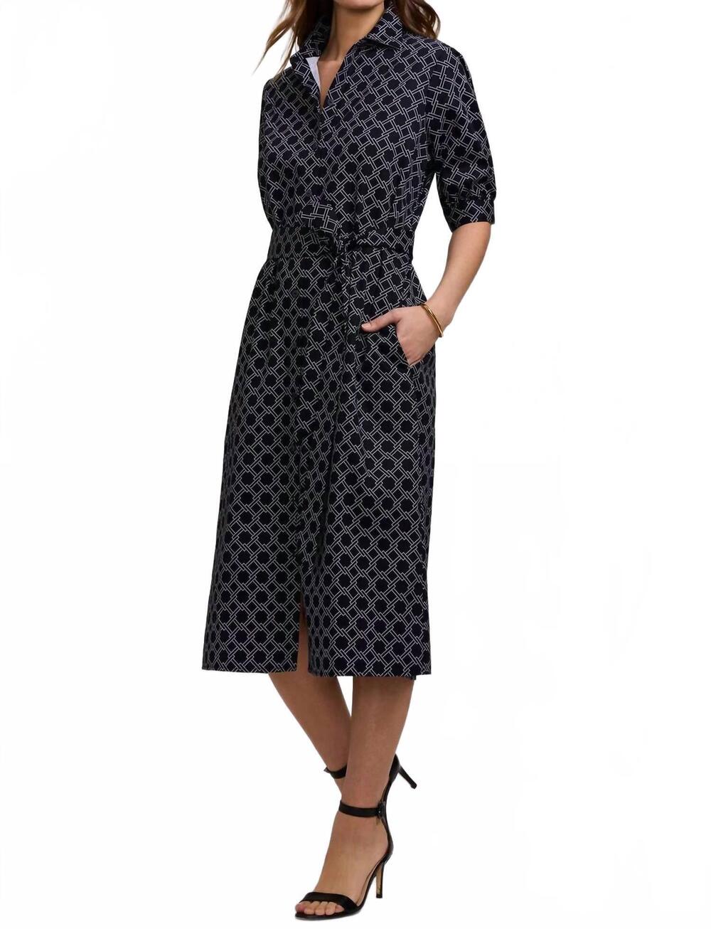 NEW FOXCROFT esther square links elbow sleeve midi dress in black / white